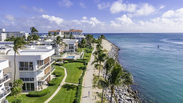 drone / aerial view featuring a water view