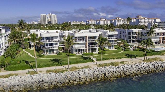 bird's eye view with a water view