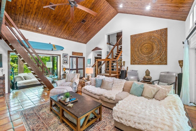 living room featuring ceiling fan, wood ceiling, and high vaulted ceiling