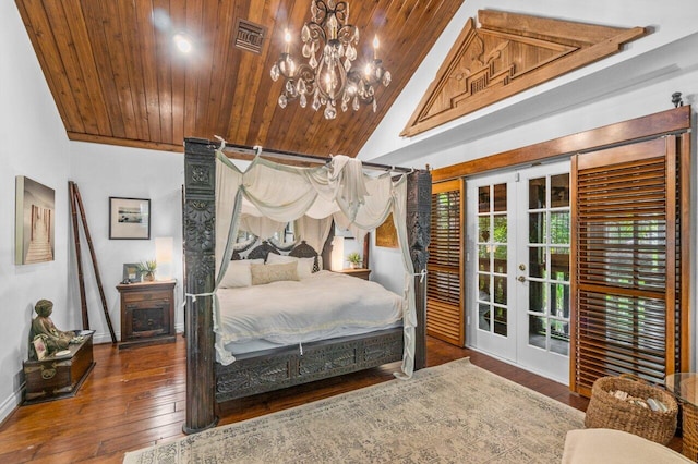 bedroom featuring access to exterior, french doors, dark hardwood / wood-style flooring, high vaulted ceiling, and wooden ceiling