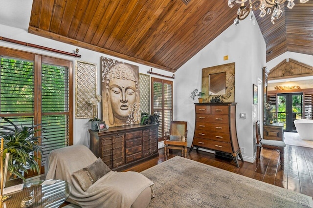 sitting room with wooden ceiling, high vaulted ceiling, a wealth of natural light, and dark wood-type flooring