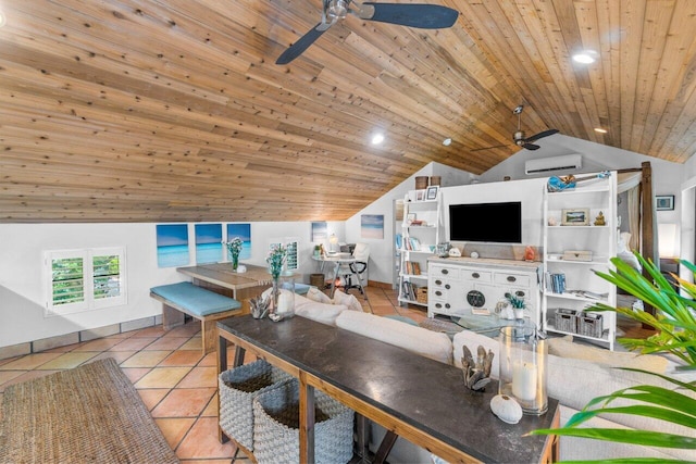 tiled living room with ceiling fan, wooden ceiling, and lofted ceiling