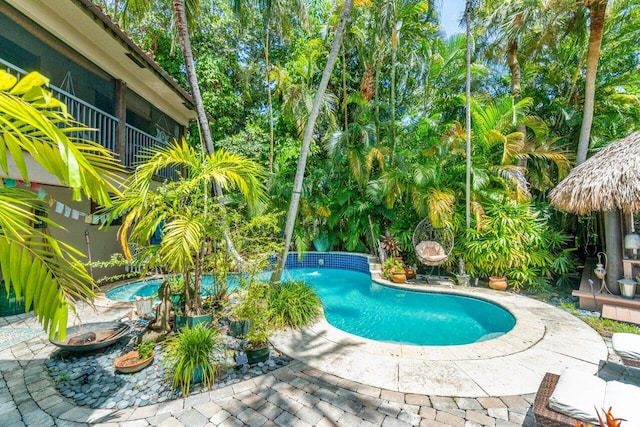 view of swimming pool featuring a hot tub and a patio area