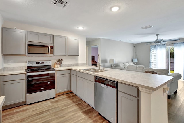 kitchen with kitchen peninsula, sink, gray cabinets, and stainless steel appliances