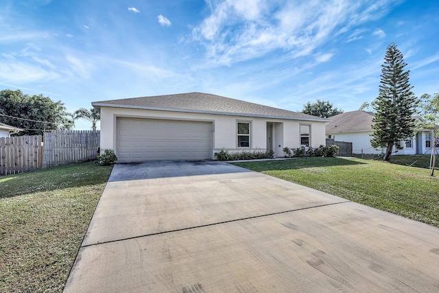 ranch-style home with a front lawn and a garage