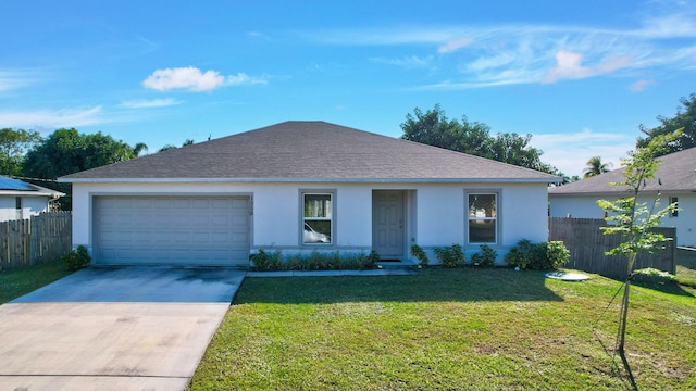 single story home featuring a garage and a front lawn