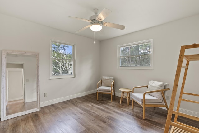 living area with ceiling fan and wood-type flooring