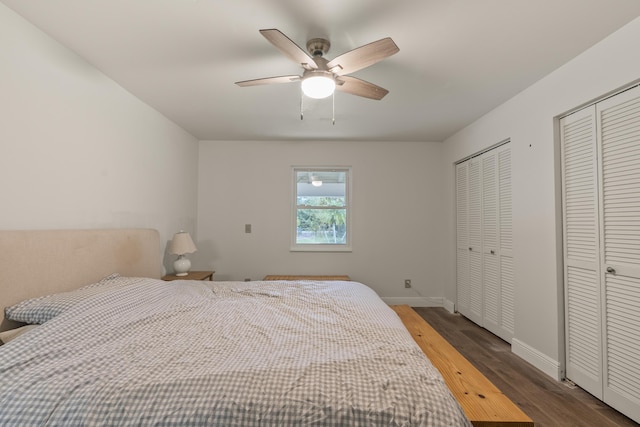 bedroom with ceiling fan, dark wood-type flooring, and multiple closets