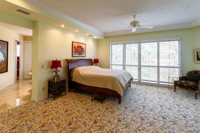 bedroom featuring ceiling fan and crown molding