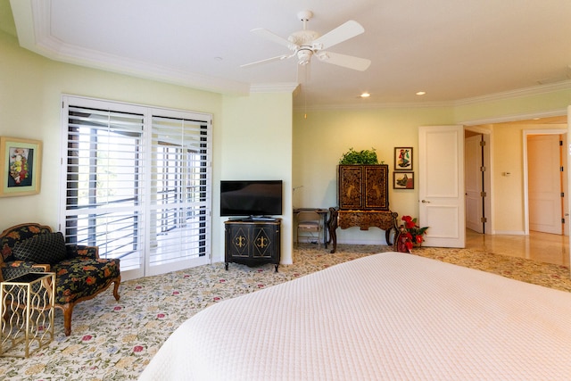 bedroom featuring access to outside, multiple windows, ceiling fan, and ornamental molding