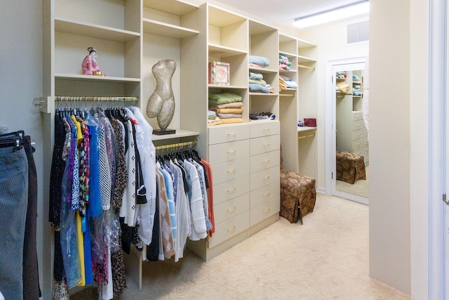 spacious closet featuring light carpet