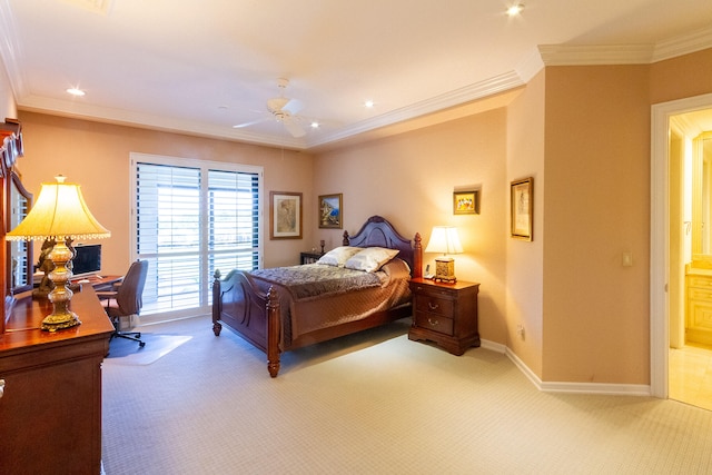 bedroom featuring ceiling fan, ornamental molding, and light carpet