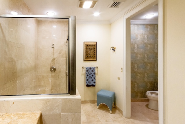 bathroom with toilet, a shower with door, and crown molding