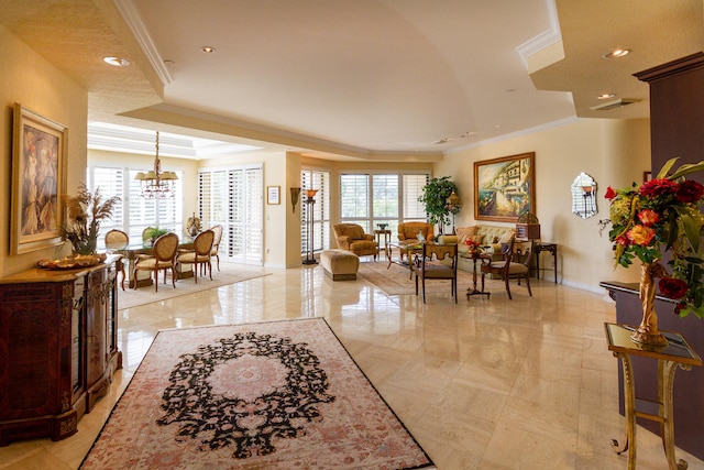 interior space with crown molding and a notable chandelier