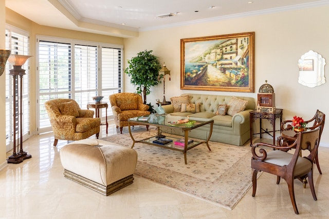 living room with ornamental molding