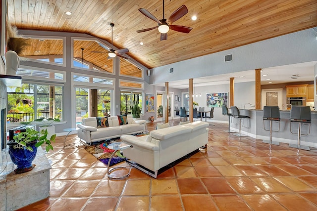 living room with french doors, high vaulted ceiling, ceiling fan, and wood ceiling