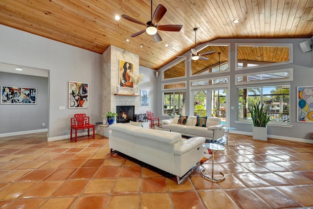 living room with high vaulted ceiling, french doors, a stone fireplace, ceiling fan, and wood ceiling