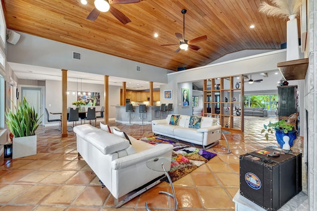 living room with light tile patterned flooring, high vaulted ceiling, wood ceiling, and an inviting chandelier