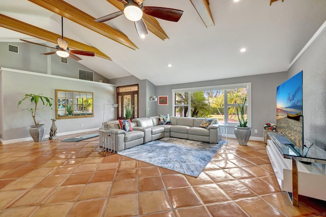 tiled living room featuring beamed ceiling, ceiling fan, and high vaulted ceiling