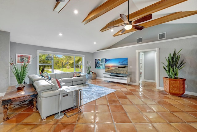 living room with beam ceiling, high vaulted ceiling, ceiling fan, and light tile patterned flooring