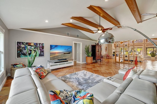 tiled living room featuring ceiling fan and lofted ceiling with beams