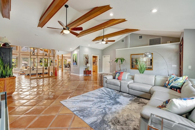 tiled living room featuring beam ceiling, high vaulted ceiling, and ceiling fan