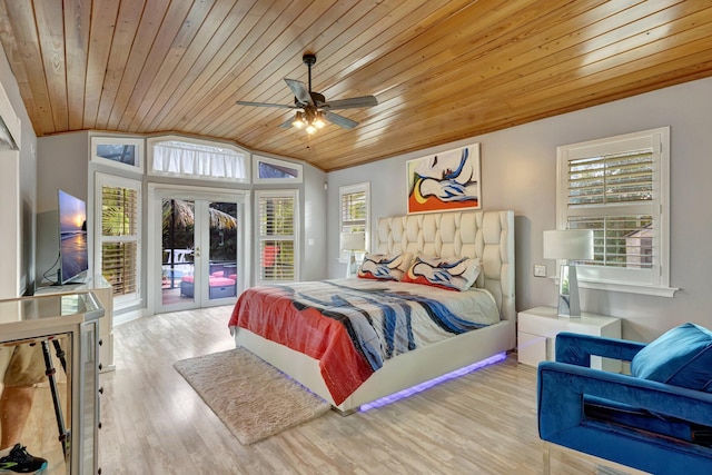 bedroom featuring wooden ceiling, access to outside, french doors, vaulted ceiling, and ceiling fan