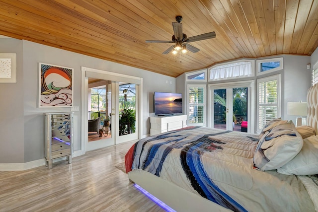 bedroom with ceiling fan, wooden ceiling, access to outside, and vaulted ceiling