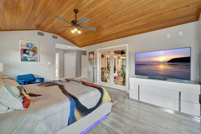 bedroom with french doors, light wood-type flooring, ceiling fan, wooden ceiling, and lofted ceiling