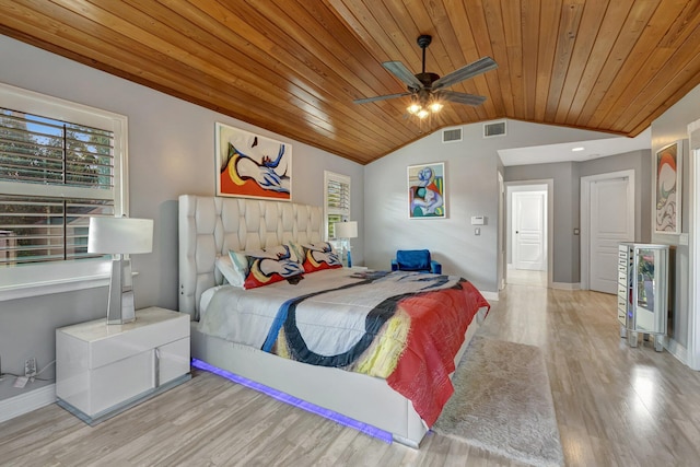 bedroom with multiple windows, ceiling fan, wooden ceiling, and vaulted ceiling