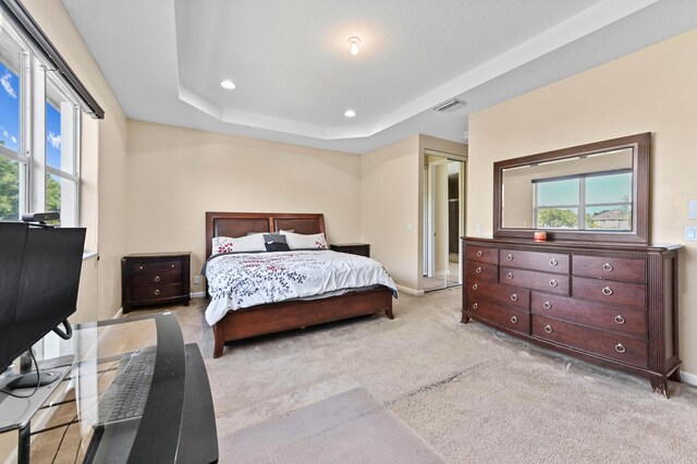 carpeted bedroom with a tray ceiling