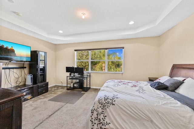 carpeted bedroom featuring a tray ceiling