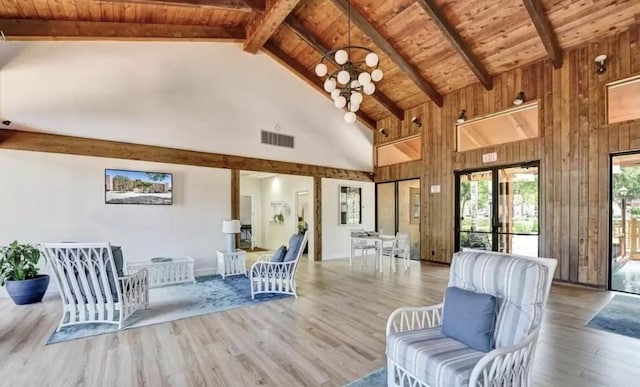 interior space featuring light hardwood / wood-style flooring, high vaulted ceiling, and wooden ceiling