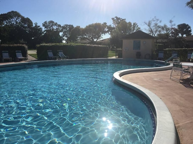 view of swimming pool featuring a patio area