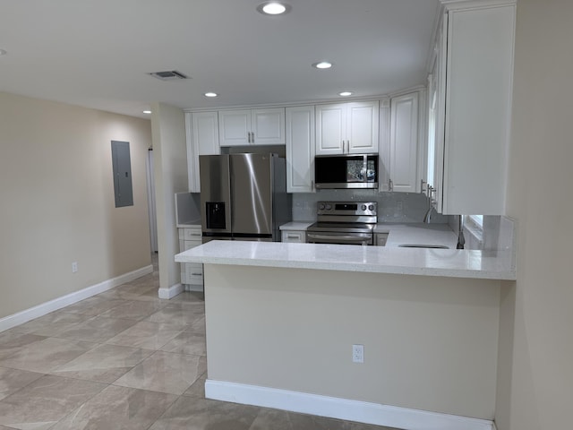 kitchen featuring decorative backsplash, kitchen peninsula, stainless steel appliances, white cabinets, and electric panel