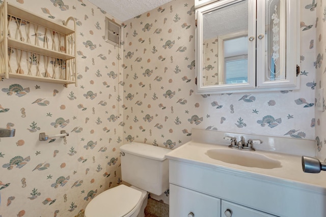 bathroom with vanity, a textured ceiling, and toilet