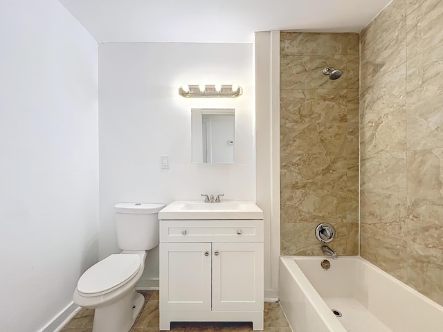 full bathroom featuring toilet, tile patterned floors, vanity, and tiled shower / bath combo