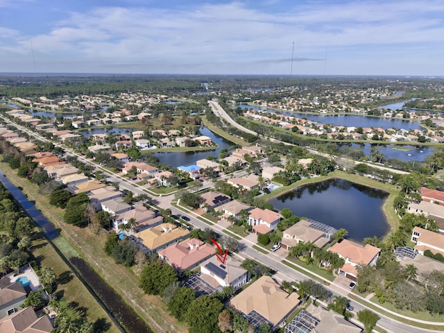 drone / aerial view featuring a water view