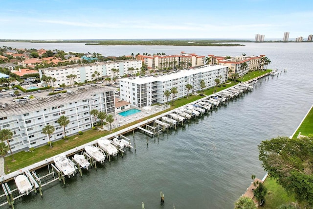 bird's eye view with a water view