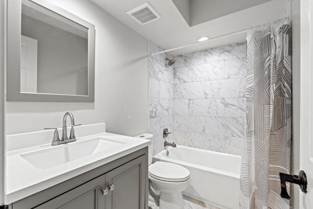 full bathroom with vanity, shower / bathtub combination with curtain, and toilet