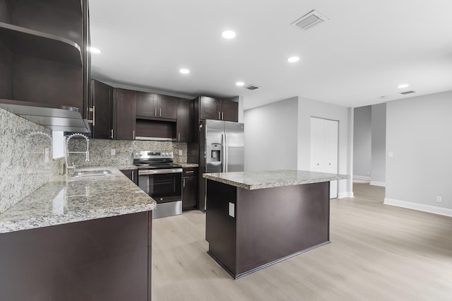 kitchen featuring sink, light hardwood / wood-style flooring, decorative backsplash, a kitchen island, and appliances with stainless steel finishes