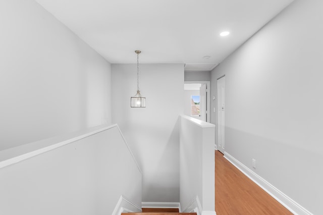 staircase with hardwood / wood-style flooring