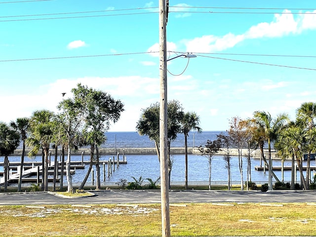 view of yard featuring a water view and a boat dock