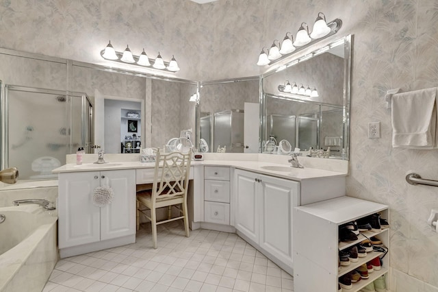 bathroom with tile patterned floors, plus walk in shower, and vanity