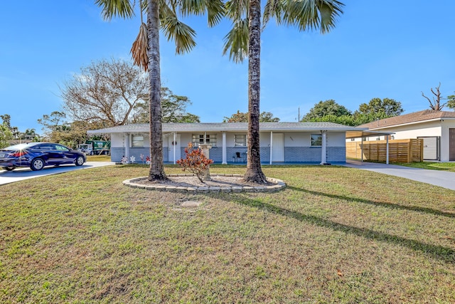 ranch-style house featuring a carport and a front lawn