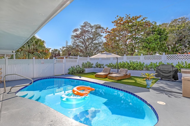 view of swimming pool with a patio area and grilling area