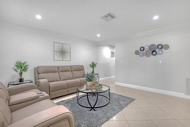 living room featuring light tile patterned floors and ornamental molding