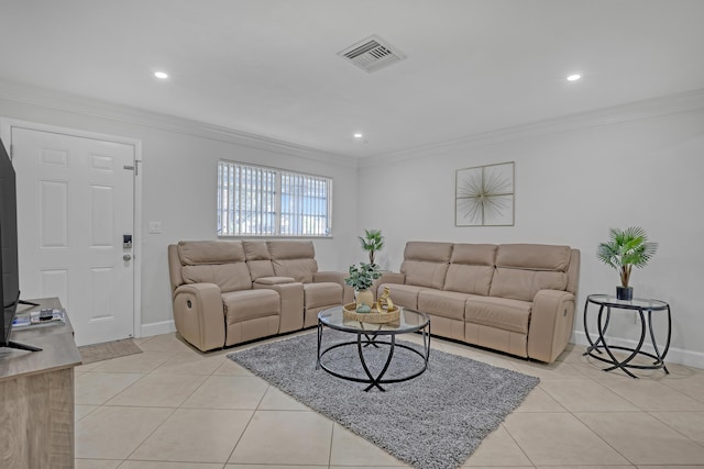 living room featuring crown molding and light tile patterned floors