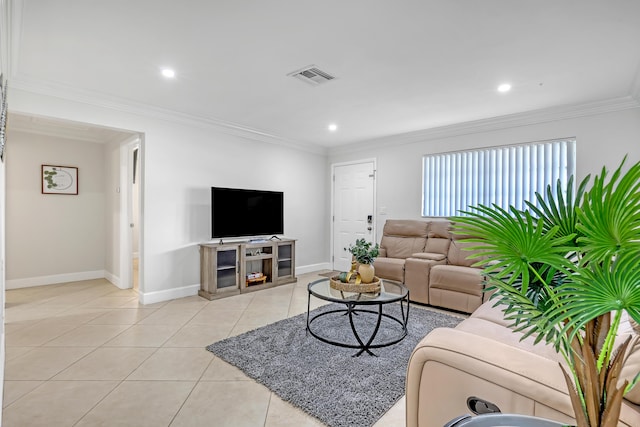 tiled living room with crown molding