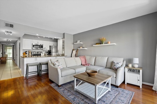 living room with dark hardwood / wood-style floors and sink